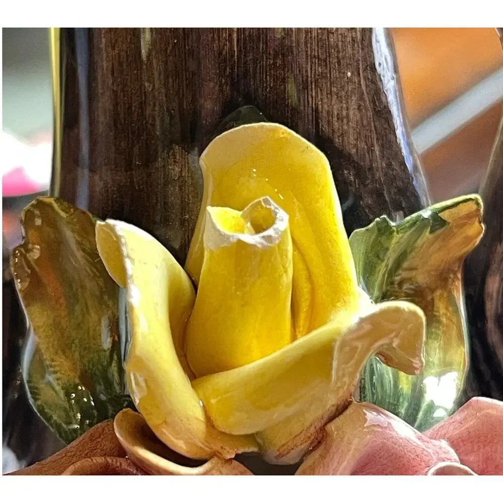 Vintage Capodimonte Pink & Yellow Rose Flower Vase Centerpiece 8.25” Italy